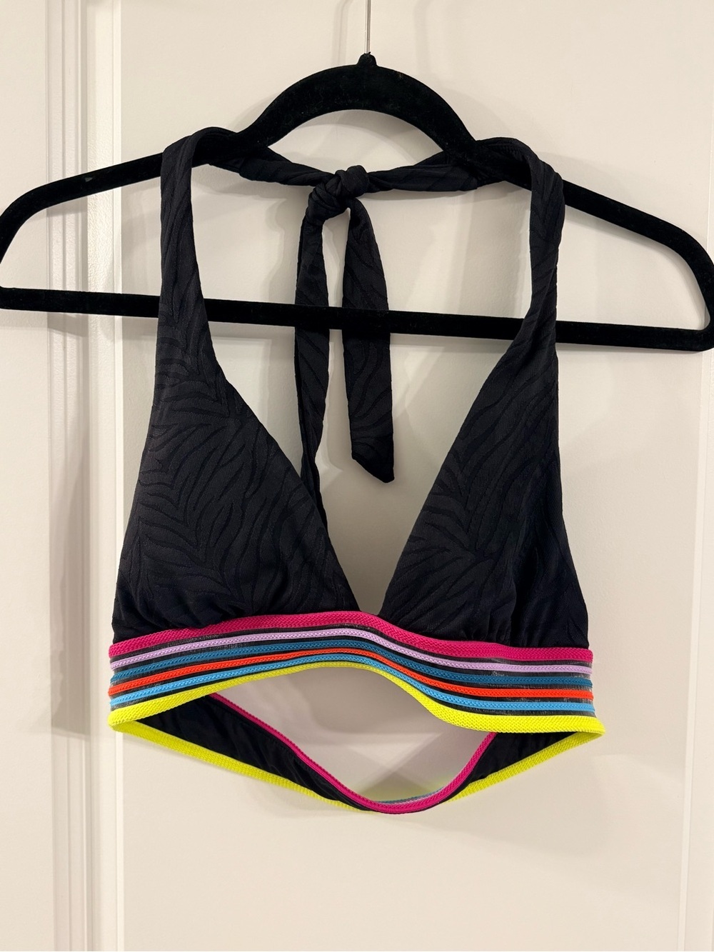 Trina Turk Black Top with Neon Pink and Multi-Color Stripe Trim